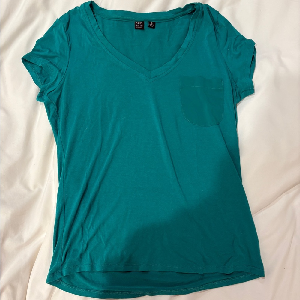 Saks Fifth Avenue Teal Short Sleeve V-Neck Tee